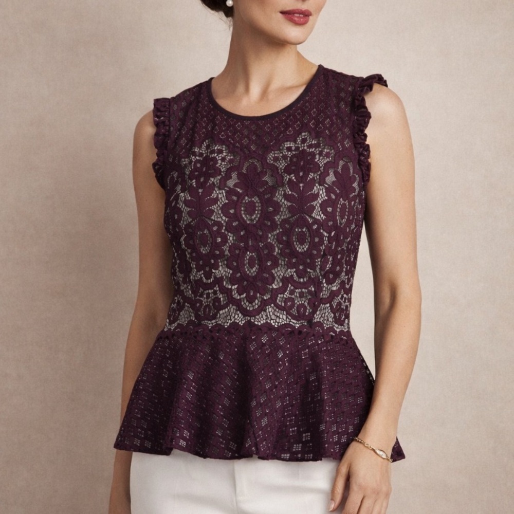 Parker  Lace Peplum Blouse Ruffle Sleeve Floral Overlay El Top Elegant Large